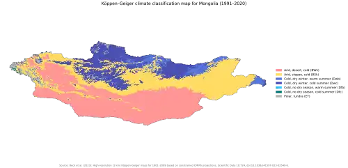 Köppen–Geiger climate classification map at 1-km resolution for Mongolia 1991–2020