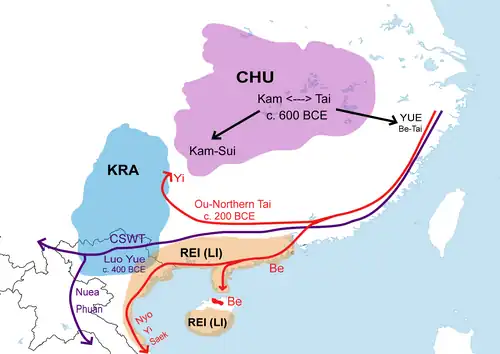 Kra-Dai migration route according to James R. Chamberlain (2016).[14]