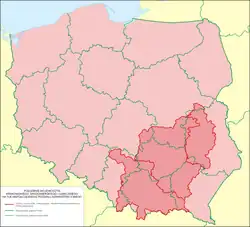 Location of Lesser Poland (shown in darker pink) in Poland