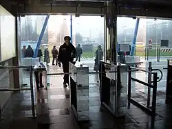 Turnstiles at the Kiltseva Doroha station's vestibule.