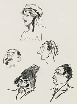 pencil sketches of characters in comic opera, head and shoulders only