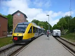 A regular train and the diesel railcar LNJ SM 13 at Kagerup Station on Gribskovbanen
