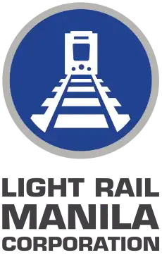 A stylized image of a light rail vehicle on a track situated on a blue circle surrounded by a ring of gray. LIGHT RAIL MANILA CORPORATION is written below.