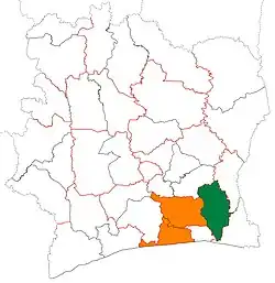 Location of La Mé Region (green) in Ivory Coast and in Lagunes District