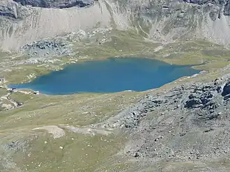 A body of water surrounded by green land.