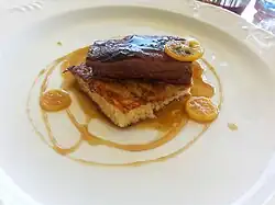 French toast and pork belly served with beer jam