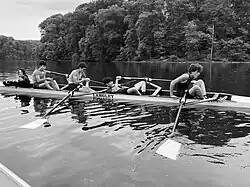 Langley High School Crew Senior four boat rowing during practice in the spring of 1968.