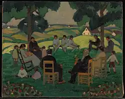 Oil painting by Sarah Robertson, depicting a group of people of different ages seated outdoors in a circle, on chairs and on the grass
