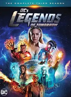 The Legends in a diamond shape against a blue and black background. From top to bottom, Sara Lance, Ray Palmer, Jefferson Jackson, Martain Stein, Amaya Jiwe. Text reading: The complete third season. DC's Legends of tomorrow