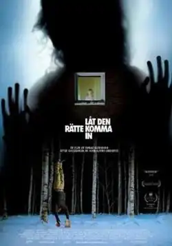 The top half of the poster features the silhouette of a young girl, obscured behind a glass; a small window featuring a young boy is placed in the center of her. The bottom half of the poster shows a man hanging upside down in a dark forest with a snow-covered ground.