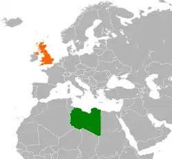 Map indicating locations of Libya and United Kingdom