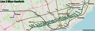 Geographic map of Line 2 Bloor–Danforth and all connections. Map by OpenStreetMap contributors.