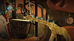 In a savanna environment, Sackboy navigating the top of a giraffe's head and neck as a bridge to a platform.