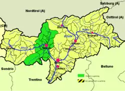 Burggrafenamt (highlighted in green) within South Tyrol
