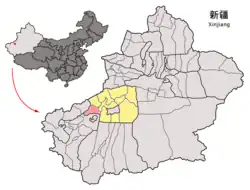 Location of Kalpin County (red) within Aksu Prefecture (yellow) and Xinjiang