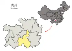 Location of Quiannan Prefecture within Guizhou Province of the People's Republic of China