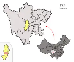 Location of Yingjing County (red) within Ya'an City (yellow) and Sichuan