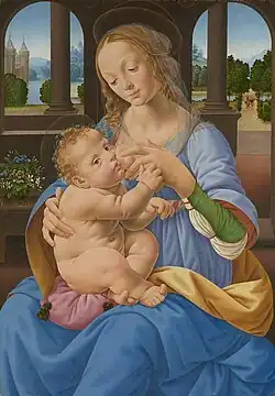Lorenzo di Credi, Virgin and Child, with Tobias and the Angel walking in the garden at top right