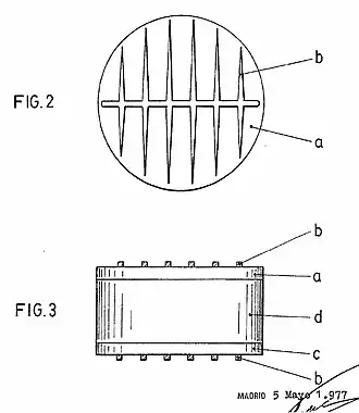 Drawings in Luque's 1978 patent ES458514A1 of the npp+ cell bifacial solar cell. (a): n-type layer; (b):metal grids; (c): p+-type layer; (d) p-type wafer]]