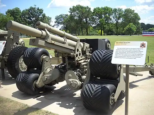 The only surviving prototype M2A2 Terra Star auxiliary propelled howitzer at the Rock Island Arsenal Museum. Note the tri-star wheel system and auxiliary drive system on the right trail leg.