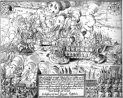 b/w print showing walled city ablaze in the background; many armed men approach from left; cannons are firing from left foreground; text box in bottom center