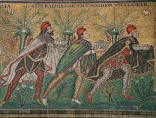 Sant’Apollinare Nuovo, Ravenna, the Magi presenting their gifts (mosaic detail), late 6th century, wearing Persian dress, and Phrygian cap