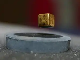 A magnet is suspended over a liquid nitrogen cooled high-temperature superconductor (−200 °C)
