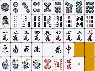 Japan style. Peacock is drawn on the one bamboo. Only 4 flower tiles. Red five tiles and dora white dragon are present. The Chinese characters are in Kansai script. Colours are darker than Canton tiles.