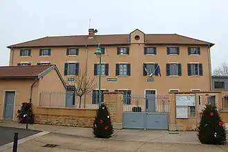 Town hall, library, and school