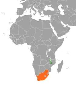 Map indicating locations of Malawi and South Africa