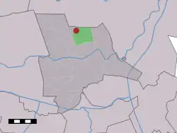 The village (dark red) and the statistical district (light green) of Arriërveld in the municipality of Ommen.