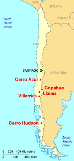Five major volcanoes range from Cerro Azul in central Chile, south through Copahue, Llaima, and Villarrica, to Cerro Hudson.