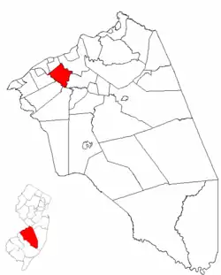 Location of Willingboro Township in Burlington County highlighted in red (right). Inset map: Location of Burlington County in New Jersey highlighted in red (left).