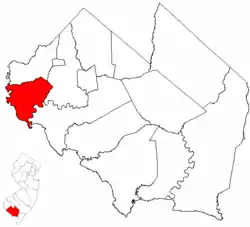 Location of Greenwich Township in Cumberland County highlighted in red (right). Inset map: Location of Cumberland County in New Jersey highlighted in red (left).