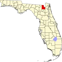 A state map highlighting Baker County in the corner part of the state. It is medium in size.
