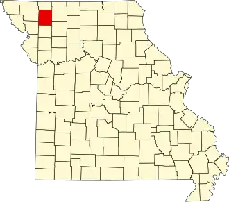 A state map highlighting Gentry County in the northwestern part of the state.