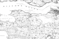 mostly hand-drawn map showing a wide river inlet at the top and fields and buildings on the rural landscape below