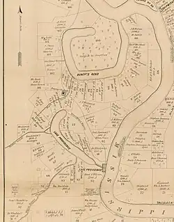 Map showing the following – Bunch's Bend is an offshoot fo the Mississippi River in the upper center of the map. Below it is Lake Providence, which is a lake that angled towards the southwest in its northern portion, but then curves to the southeast. Bayou Baxter flows into Lake Providence from the west. Further south along the lake, Bayou Tensas flows into the lake from the southeast.