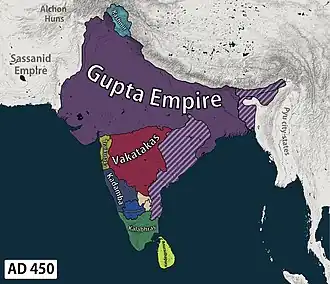Map of the territory of the Traikutakas (in yellow), along with their contemporaries, especially the Kadambas, the Vakatakas and the Gupta Empire.