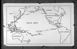 Map shows a route departing Boston, traveling south along the coast of North America, passing through the Panama Canal before making a ring around the pacific ocean.