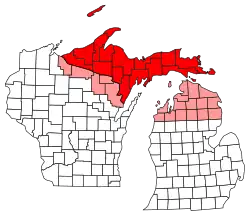 Map of proposed state of Superior, indicating areas consistently included (darker), and those included less commonly (lighter).