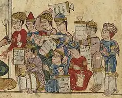 Maqama 46: Abu Zayd teacher in Aleppo. Students, some wearing the Arab turban, others Turkic caps.[39] Folio 167r