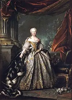Louis Tocqué, 1745, Portrait of Maria Teresa of Spain (1726–1746) as the Dauphine of France, oil on canvas, 271&nbsp;cm ×&nbsp;195&nbsp;cm (106.5&nbsp;in ×&nbsp;77&nbsp;in), Palace of Versailles