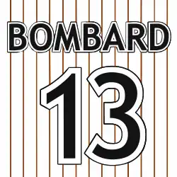 The number "13" with "BOMBARD" above in black lettering set against a white background with dark red pinstripes