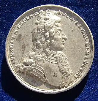 A Medallion by Georg Hautsch celebrating the Habsburg victory at Slankamen, portrait of Turk Louis 1691, obverse.