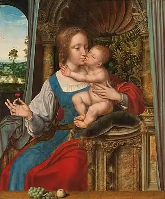 An oil painting of the Madonna and Child enthroned - they are kissing