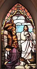 Mary of Magdala at the empty tomb, window at St. Matthew's Lutheran Church. Attributed to the Quaker City Glass Company of Philadelphia, 1912