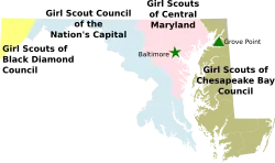 Map of Maryland with counties showing the different Girl Scout Councils