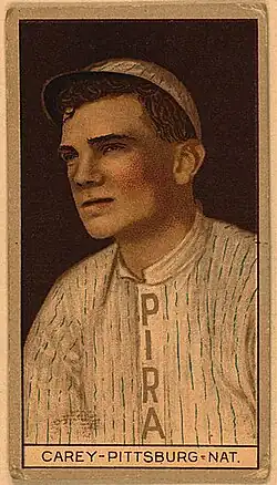 Drawing of a man wearing a white pinstriped "PIRATES" baseball jersey and cap.