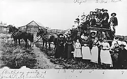 McLaughlin Stagecoach with birthday party, 1880s in Park County, Colorado.